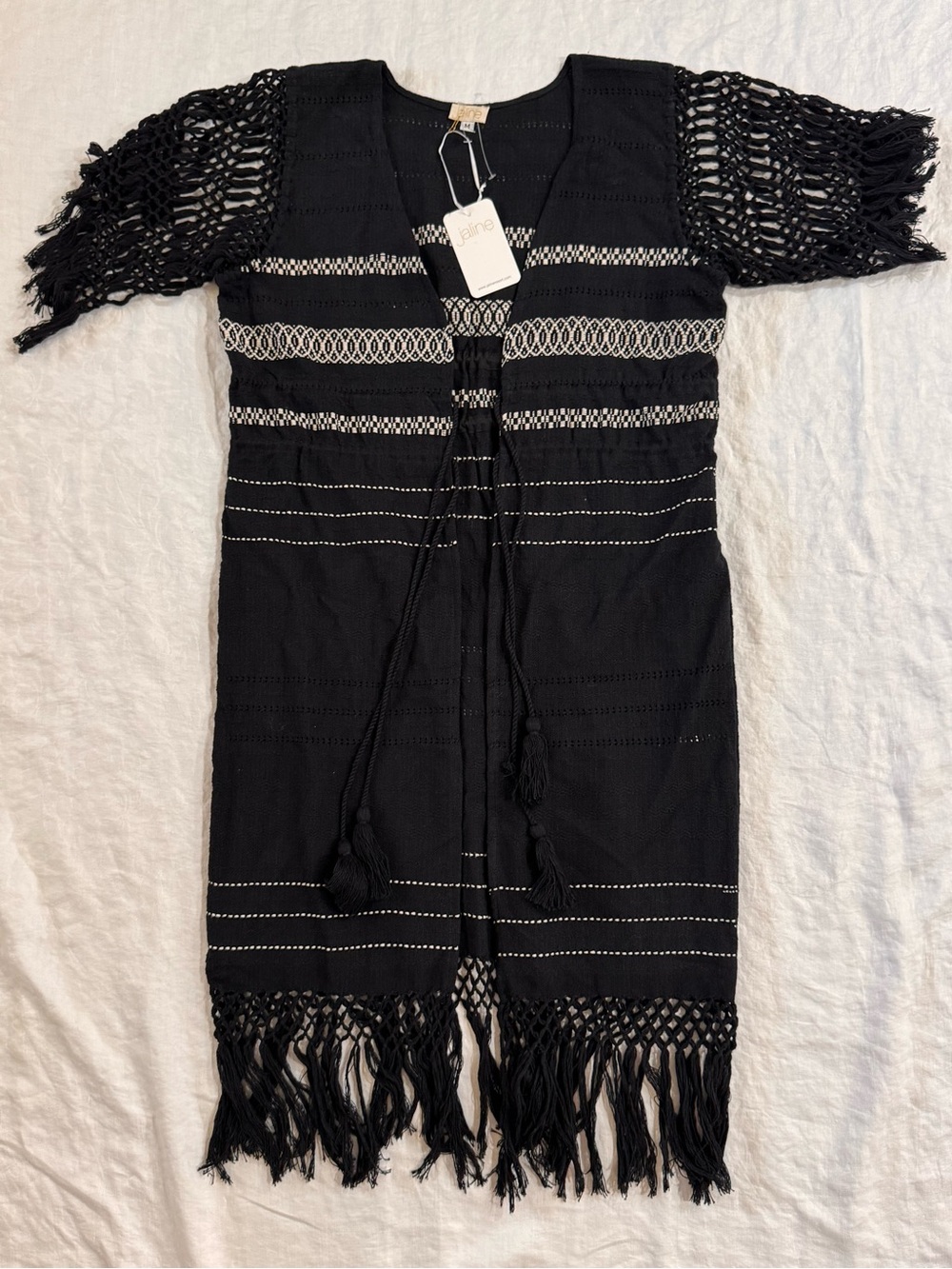 Jaline Resort Susana Black Handwoven Macrame Robe Dress M
